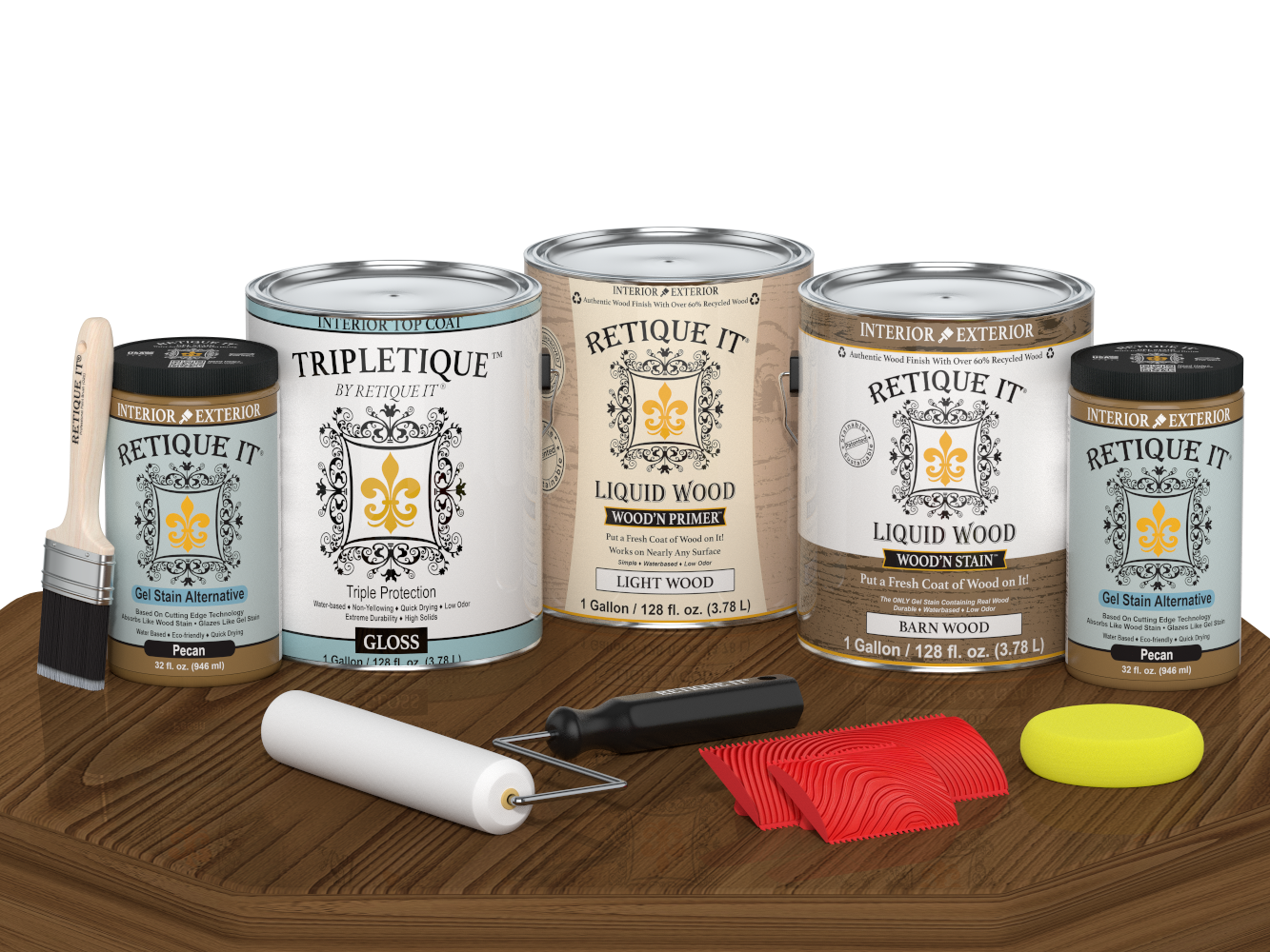 Retique It® Modern Walnut Wood Kit with gallon primer, stain, gloss topcoat, gel stains, brush, roller, yellow sponge, and red graining tools.