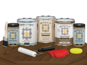 Retique It® Modern Walnut Wood Kit with gallon primer, stain, matte topcoat, gel stains, brush, roller, yellow sponge, and red graining tools.