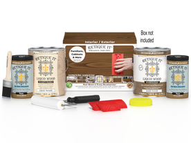Retique It Wood'n Kit in Modern Walnut with four large finish containers and application tools, designed for wood finishing projects.