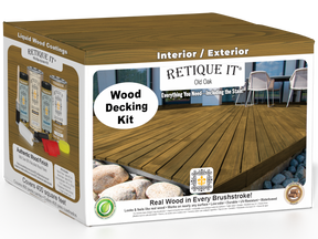 Retique It Decking Wood'n Kit in Old Oak stain showing a deck with natural wood finish and stain application tools.