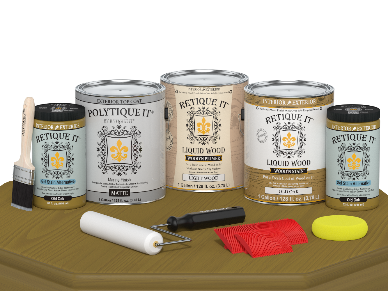 Retique It® Wood'n Finish Kit in Old Oak with matte top coat, containing four large wood finishing products for exterior use.