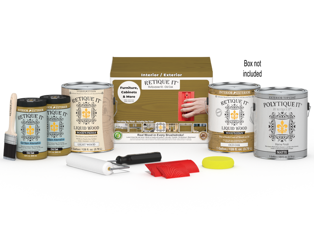 Retique It Wood'n Finish Kit in Old Oak, 4-pack of large exterior top coat containers with brushes and instructions.