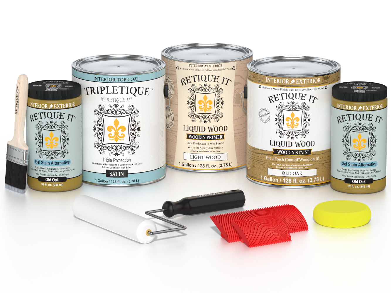 Retique ItÂ® Wood'n Kit in Old Oak for interior top coat, includes four large bottles of wood finish with satin sheen.