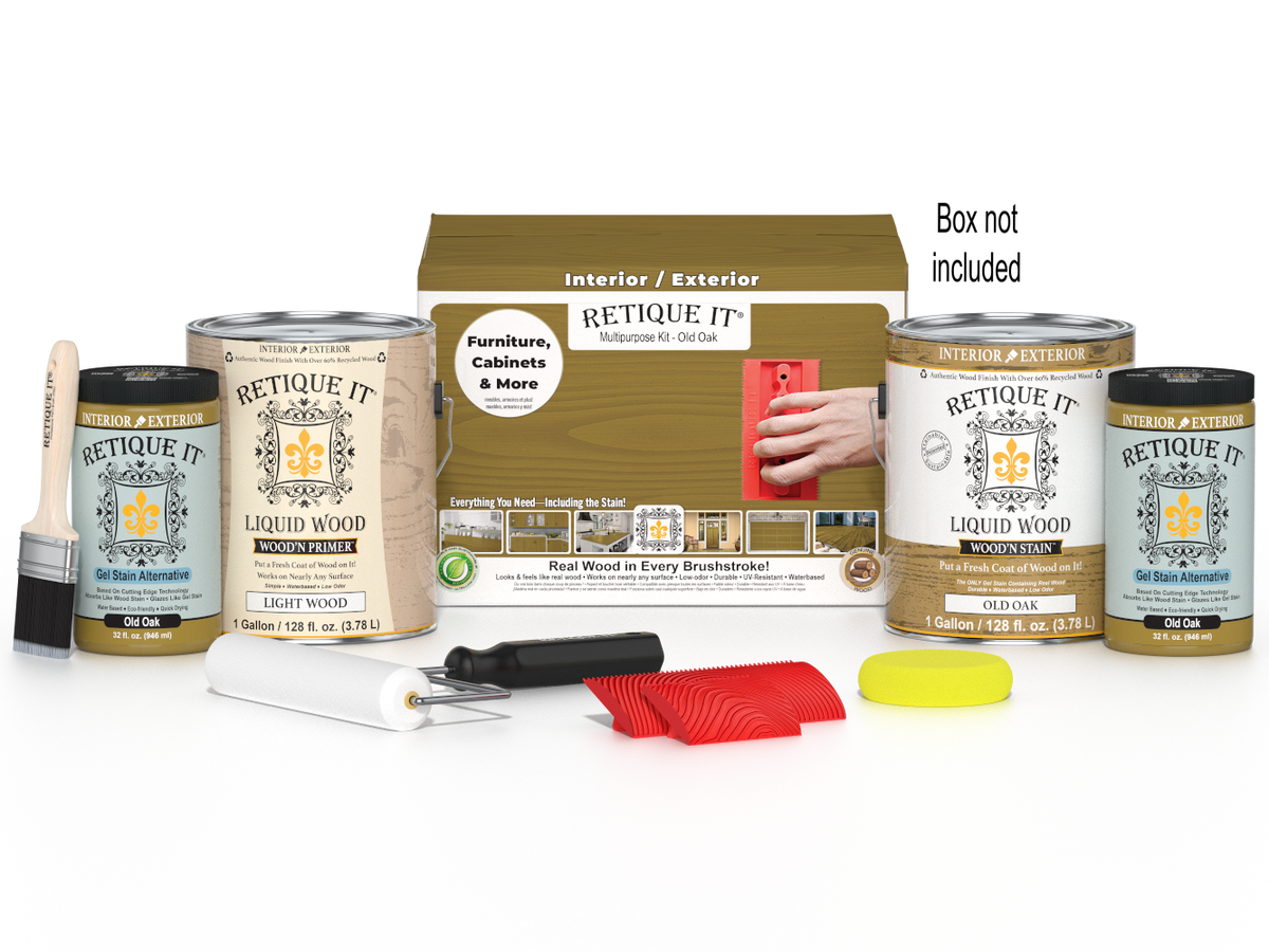 Retique ItÂ® Wood'n Finish Kit in Old Oak with four large wood stain samples and application tools for multi-purpose wood finishing.