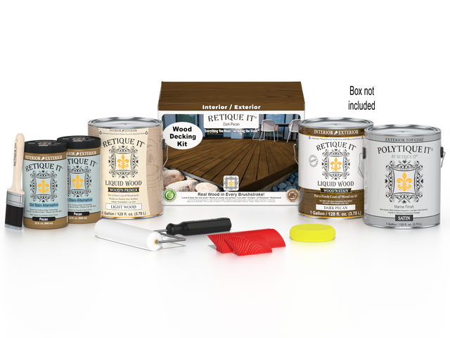 Retique It Dark Pecan Decking Wood'n Kit stain with wood sample and applicator, ideal for outdoor decking projects