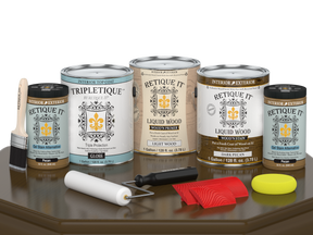 Retique It® Wood'n Finish Kit in Dark Pecan, interior top coat for wood furniture, with four large bottles in a glossy finish.