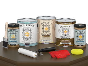 Retique It® Wood'n Finish Kit in Dark Pecan for interior wood projects, featuring a satin top coat and four large containers.