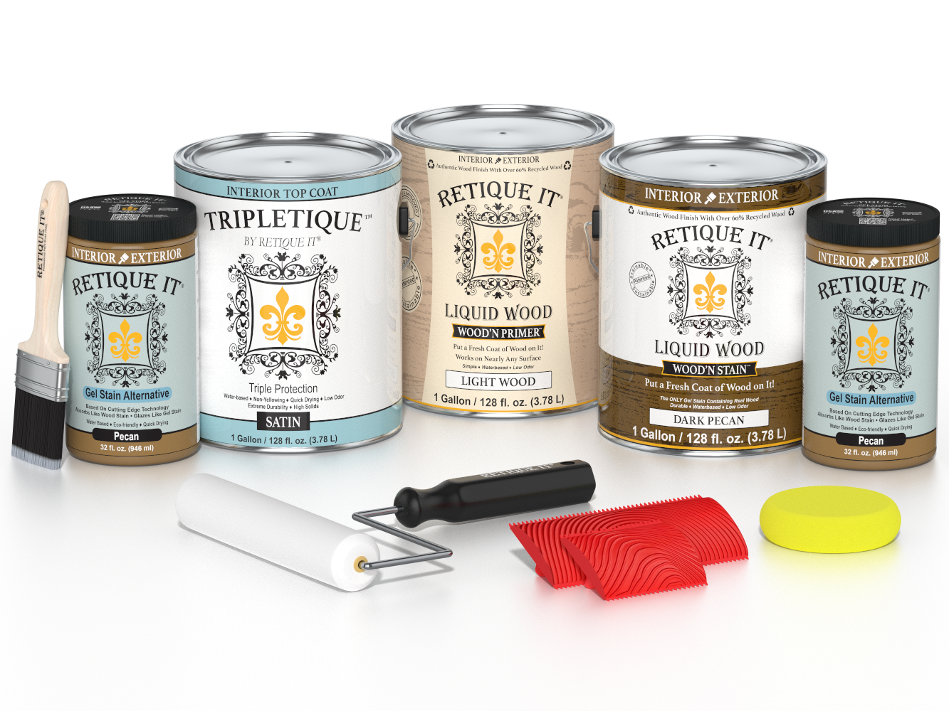 Retique It® Wood'n Kit in Dark Pecan with satin finish, featuring four large containers of interior top coat for wood finishing.