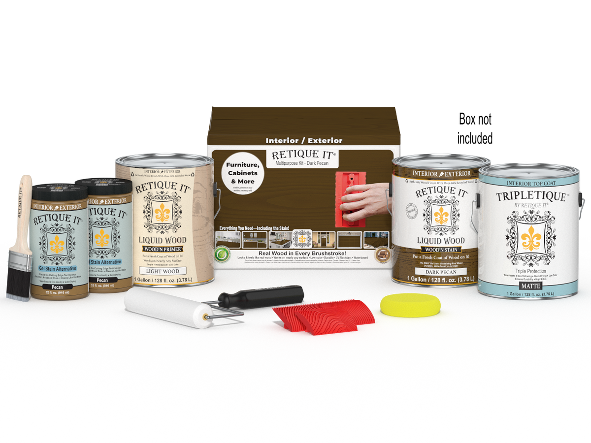 Retique It® Wood'n Kit in Dark Pecan with four large interior top coat bottles and applicator box for wood finishing projects.
