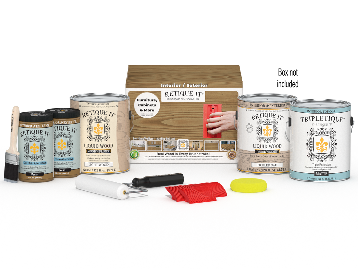 Retique It® Wood'n Finish Kit in Pickled Oak, multi-purpose interior top coat with four large containers and applicator tools.