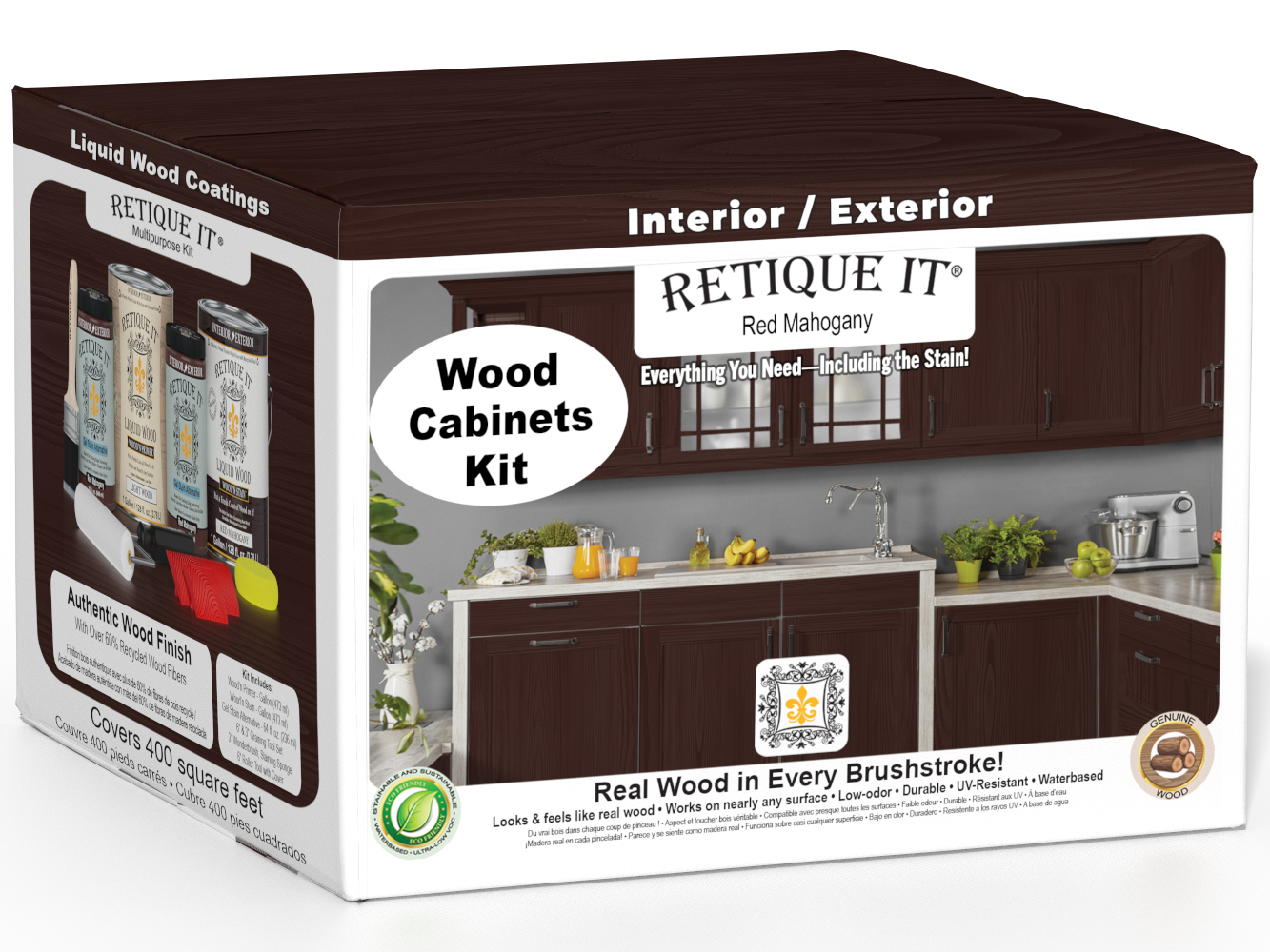 Retique It® Wood'n Cabinet Kit in Red Mahogany stain showing grained wood door with rich, warm finish for kitchen or furniture.