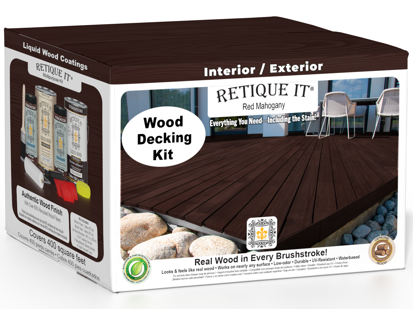 Retique It Decking Wood'n Kit in Red Mahogany stain, featuring wood planks and staining tools for decking projects.