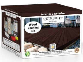 Retique It Decking Wood'n Kit in Red Mahogany stain, featuring wood planks and staining tools for decking projects.
