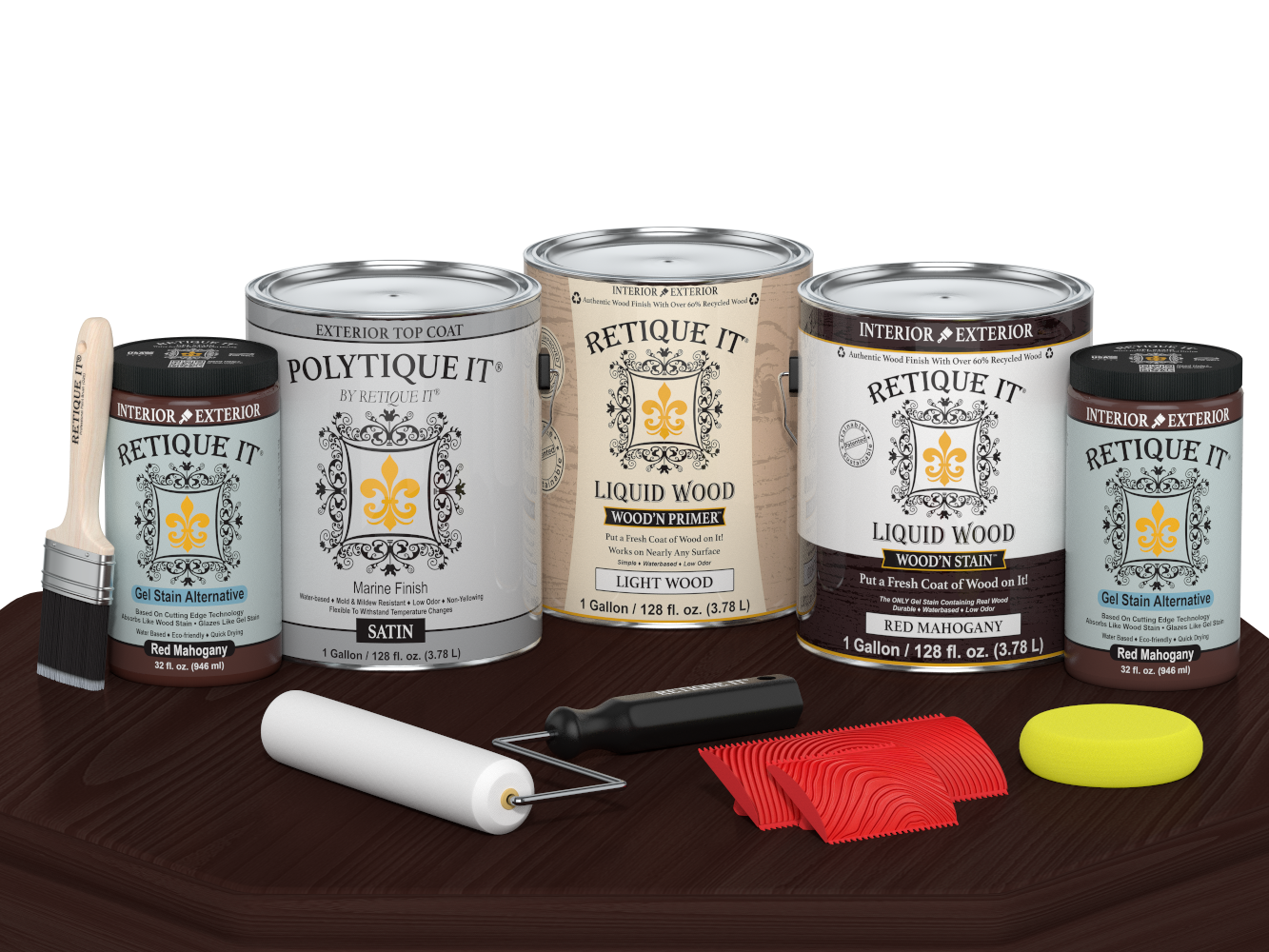 Retique It Red Mahogany decking wood stain kit with satin finish, shown on a wooden surface. Perfect for outdoor decking projects.
