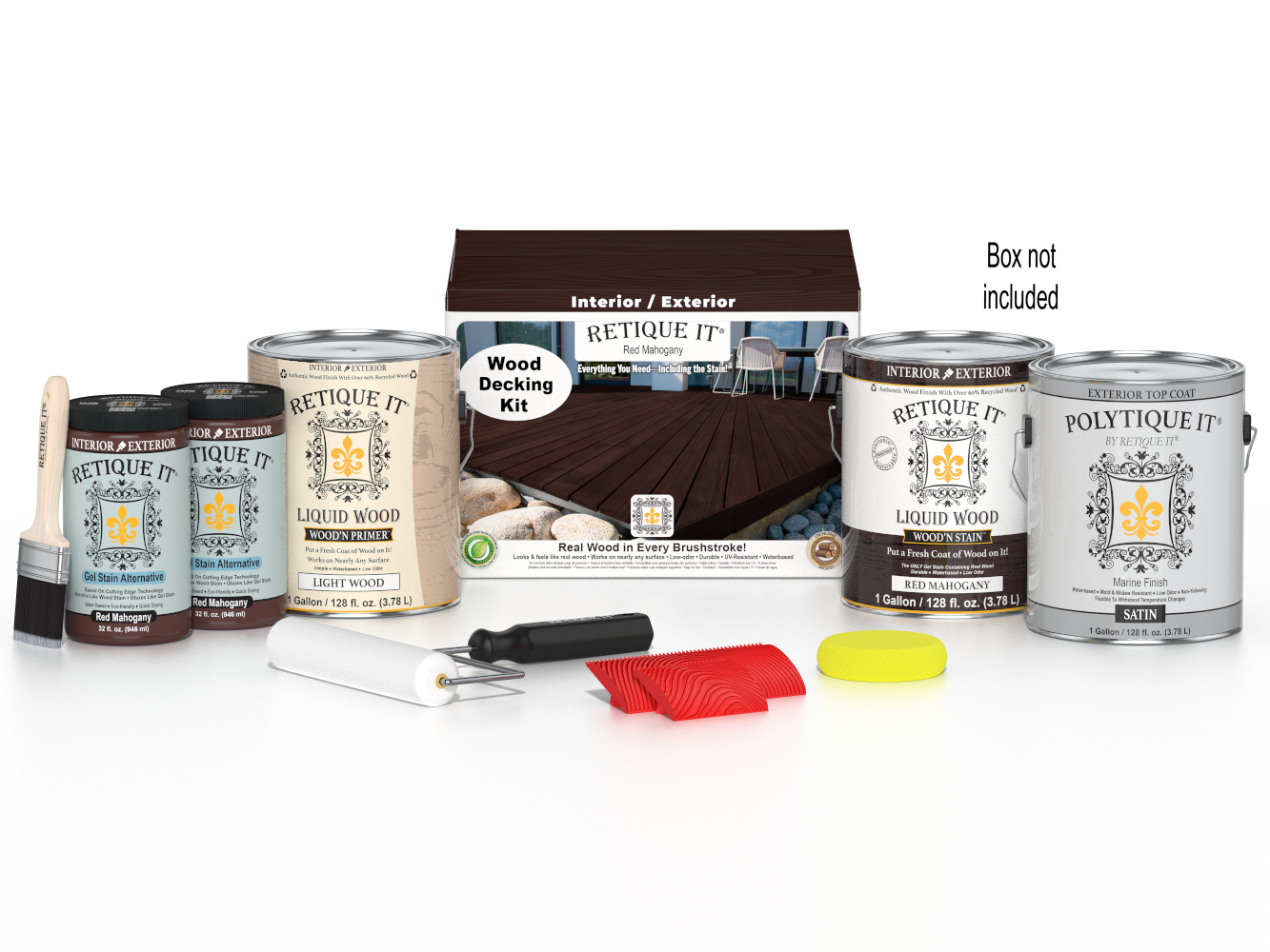 Retique It Red Mahogany decking wood stain kit with brushes and applicators, featuring a vibrant red mahogany finish for outdoor decking.