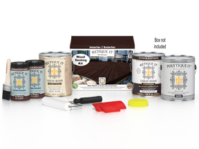 Retique It Red Mahogany decking wood stain kit with brushes and applicators, featuring a vibrant red mahogany finish for outdoor decking.