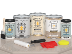 Retique It Wood'n Finish Kit in XL size with a glossy finish, featuring wood stain and finish components on a table.