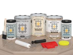 Retique It® Wood'n Finish Kit for decking, Sun Bleached color, satin finish, includes wood treatment components on a table.