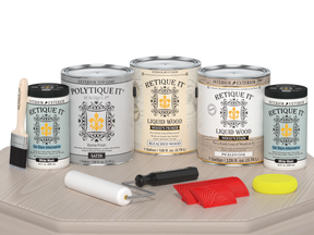 Retique It Wood'n Finish Kit in satin with a light chalk color, featuring a wood surface with a smooth finish.