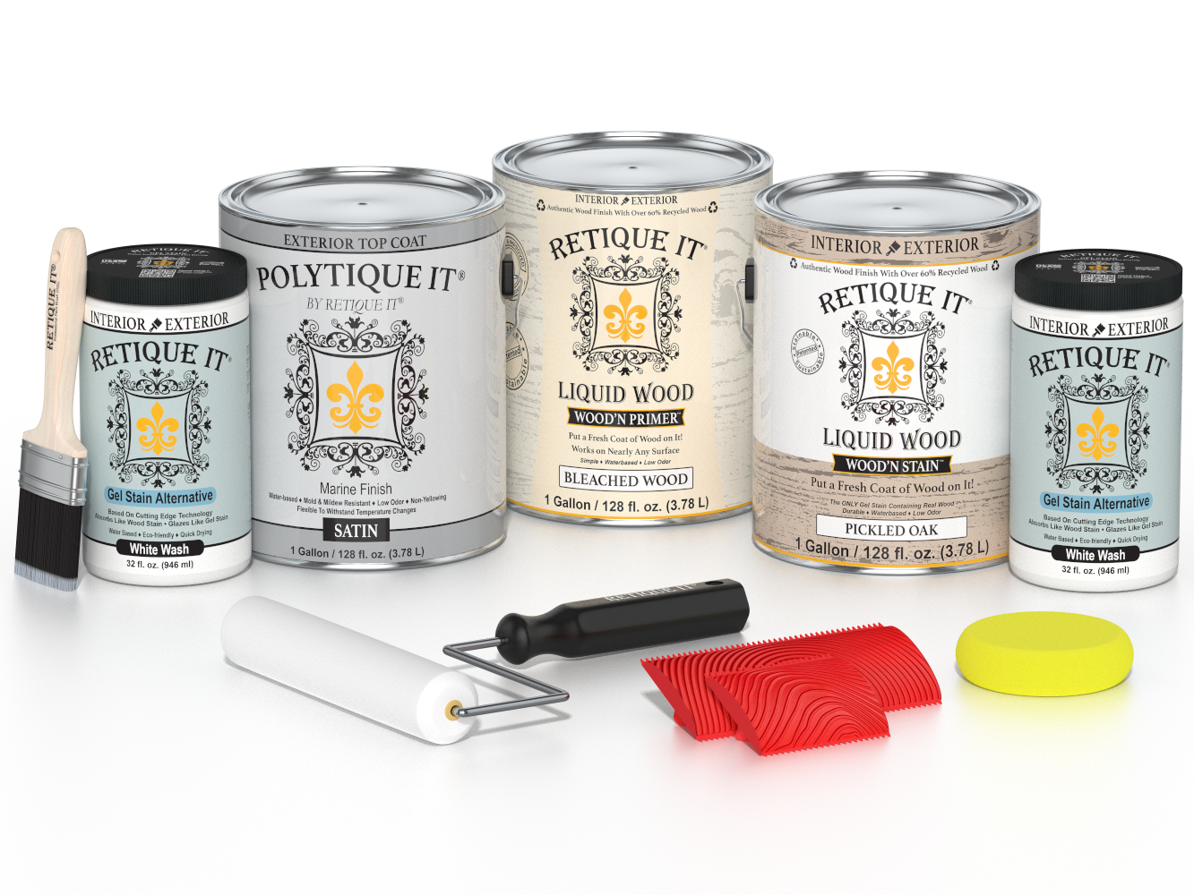 Retique It® Wood'n Finish Kit for decking in Sun Bleached, featuring satin finish and wood treatment tools on a plastic tray.