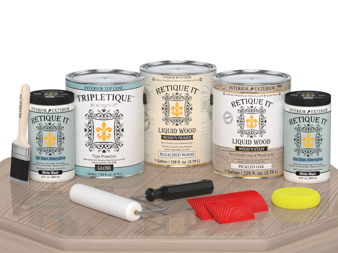 Sun-bleached Retique It® Wood'n Finish Kit for interior top coats, shown with gloss finish on a table.