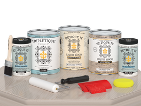Retique It Wood'n Finish Kit in satin gloss with a light wood color, featuring a tabletop with a smooth finish.