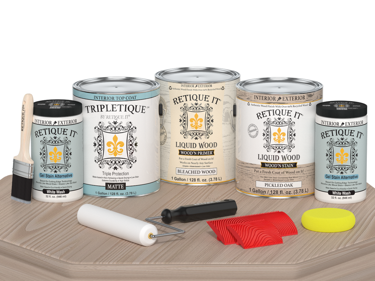 Retique It® Wood'n Kit Multi-purpose wood finish set with four sun-bleached interior top coat bottles on a table.