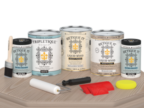 Retique It® Wood'n Kit Multi-purpose wood finish set with four sun-bleached interior top coat bottles on a table.