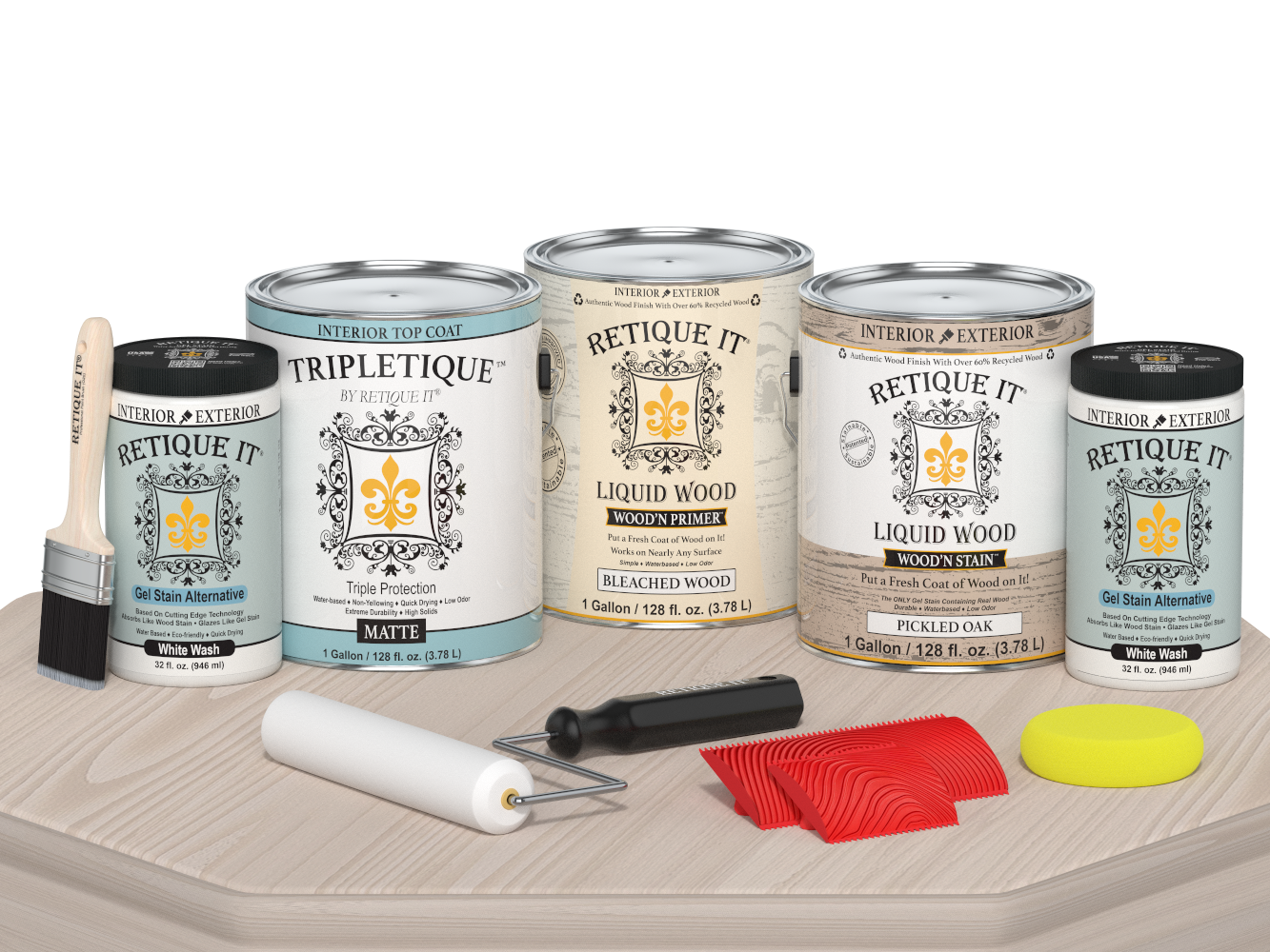 Retique It Wood'n Finish Kit WNK128-SBCH-TPLQ-Matte with a sample table showing matte wood finish application.