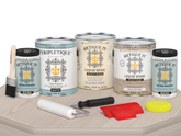 Retique It Wood'n Finish Kit WNK128-SBCH-TPLQ-Matte with a sample table showing matte wood finish application.