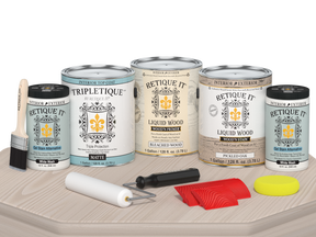 Retique It Wood'n Finish Kit WNK128-SBCH-TPLQ-Matte with a sample table showing matte wood finish application.