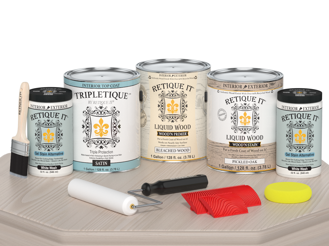 Retique It Wood'n Finish Kit in satin, featuring a wood surface sample with a smooth, polished finish.