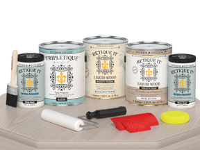 Retique It Wood'n Finish Kit in satin, featuring a wood surface sample with a smooth, polished finish.