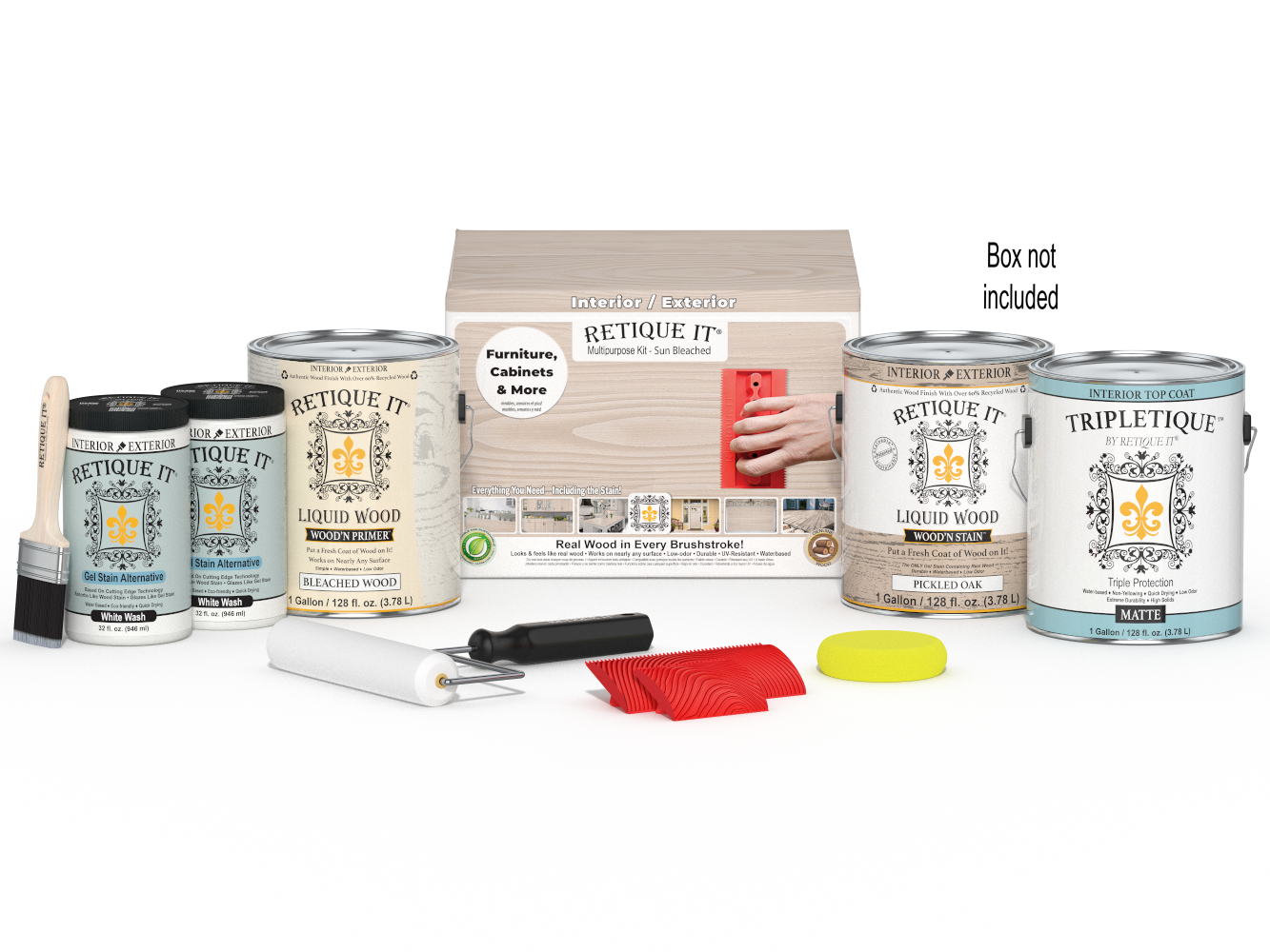 Retique It Wood'n Finish Kit in XL with box, featuring wood stain and finishing supplies for furniture refinishing.