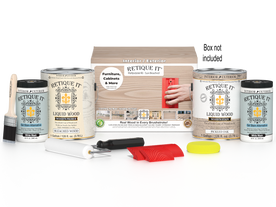 Sun-bleached Retique It Wood'n Finish Kit with four large wood finishing products and a box, ideal for multi-purpose wood projects.