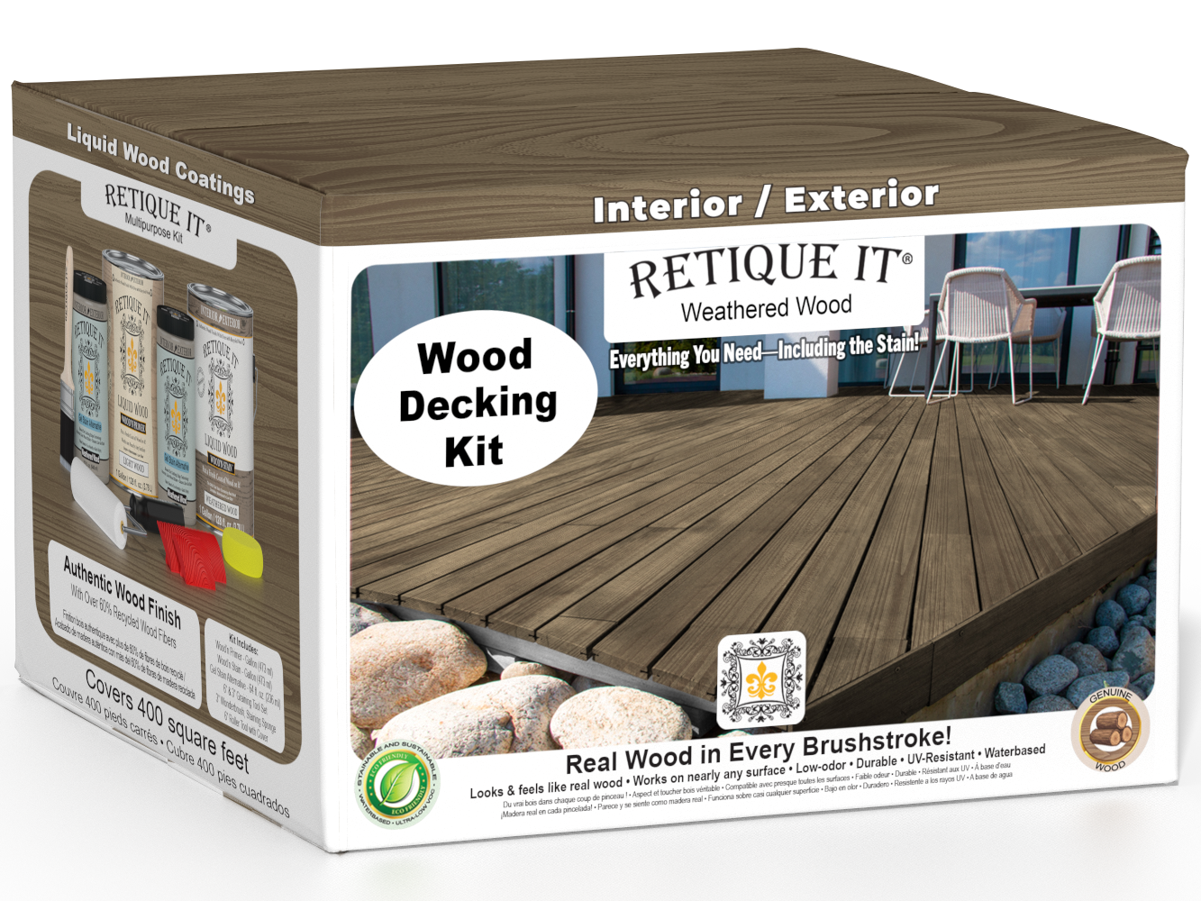 Retique It Weathered Wood decking stain kit with weathered wood finish, showing application on wooden decking boards.