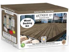 Retique It Weathered Wood decking stain kit with weathered wood finish, showing application on wooden decking boards.