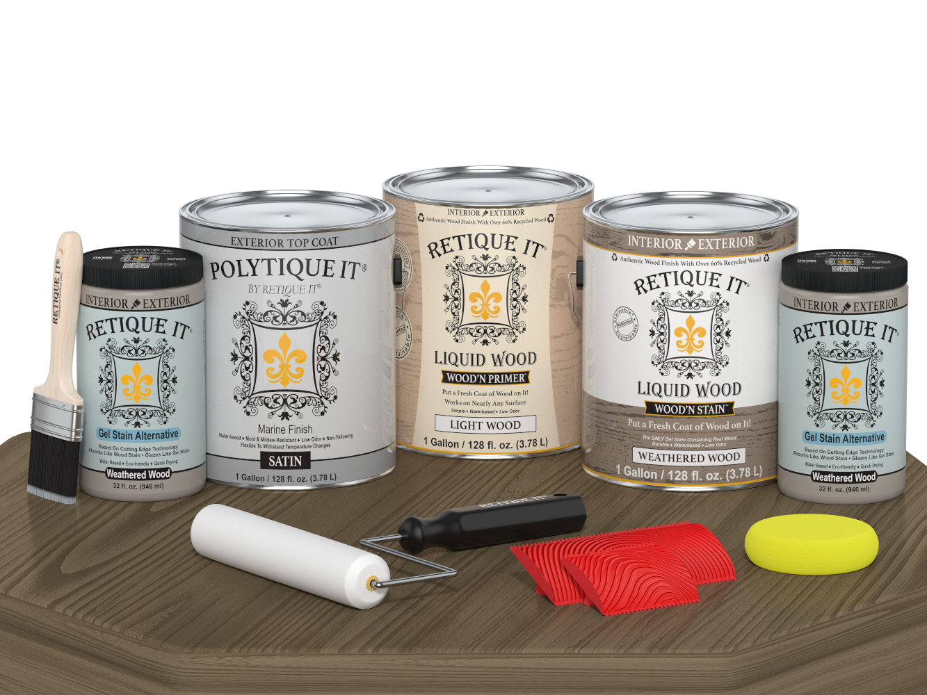 Retique It Weathered Wood decking stain kit with satin finish, featuring staining tools and sample wood plank for weathered wood look.