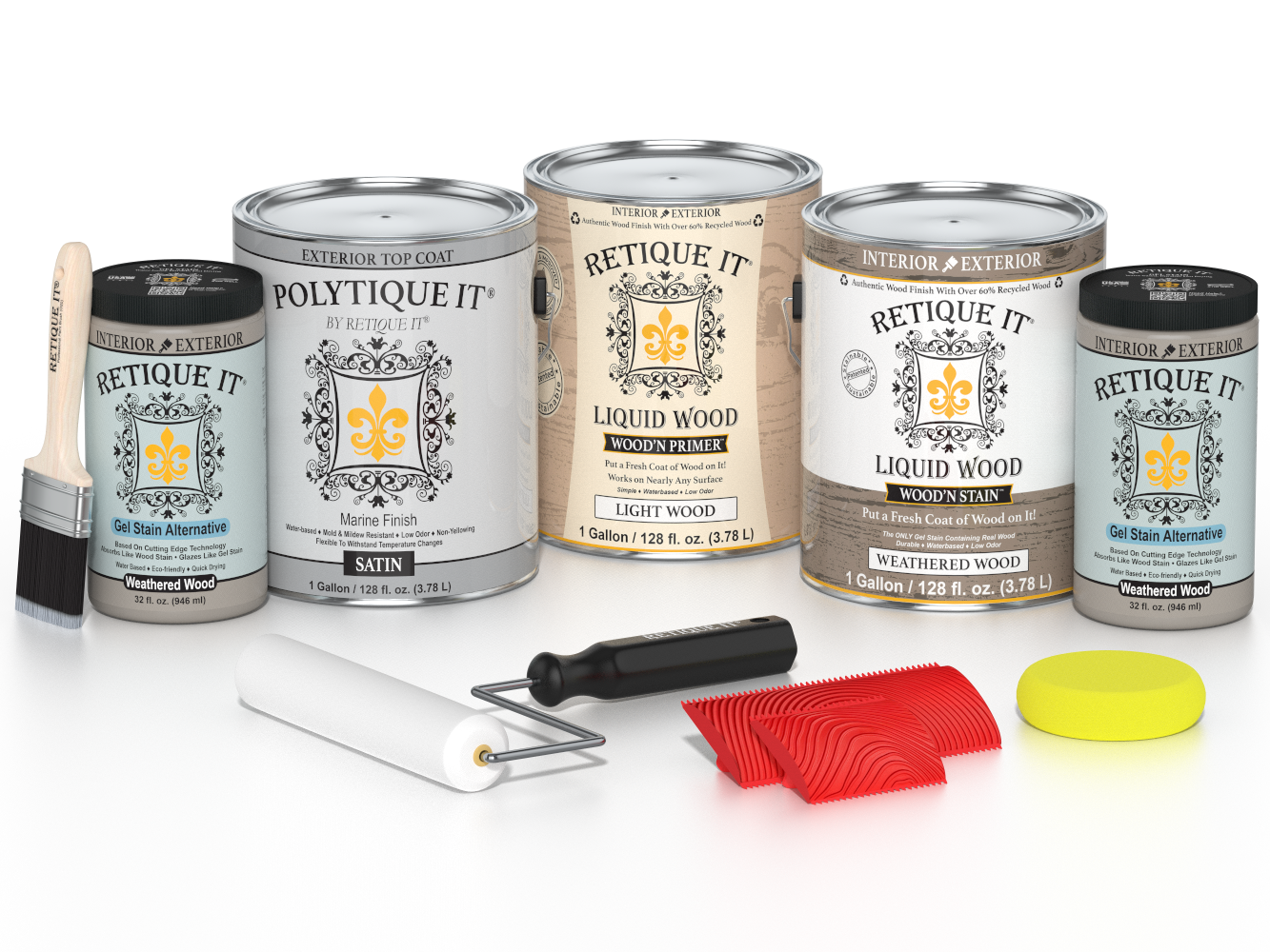 Retique It Weathered Wood decking stain kit with satin finish, showcasing natural weathered wood appearance and application tools.