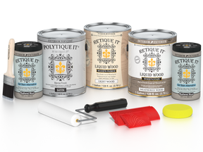 Retique It Weathered Wood decking stain kit with satin finish, showcasing natural weathered wood appearance and application tools.