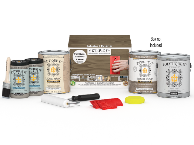Retique It Wood'n Kit with weathered wood finish, includes four large exterior top coat bottles, for multi-purpose wood projects.