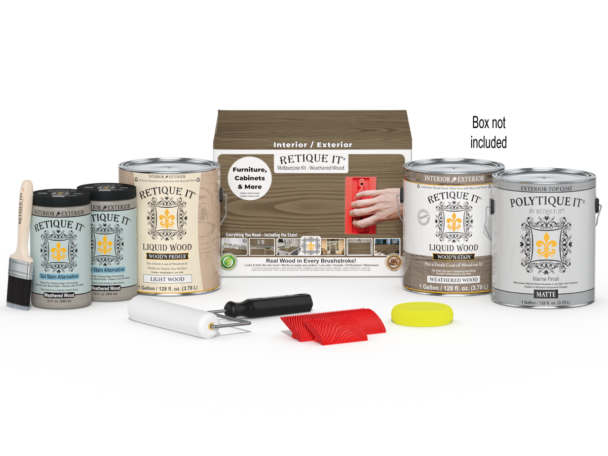 Retique It® Wood'n Finish Kit with four weathered wood exterior top coats, featuring a weathered wood color and application tools.