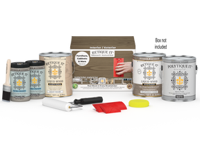 Retique It® Wood'n Finish Kit with four weathered wood exterior top coats, featuring a weathered wood color and application tools.