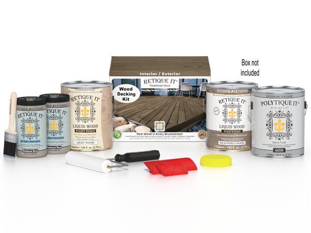Weathered Wood decking stain kit by Retique It, includes stain and applicator tools for outdoor wood decking.