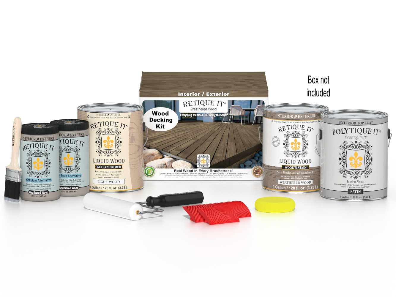 Retique It Weathered Wood Decking Wood'n Kit stain with a weathered wood finish, shown in a box packaging.