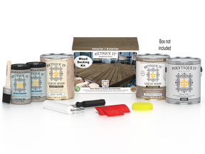 Retique It Weathered Wood Decking Wood'n Kit stain with a weathered wood finish, shown in a box packaging.