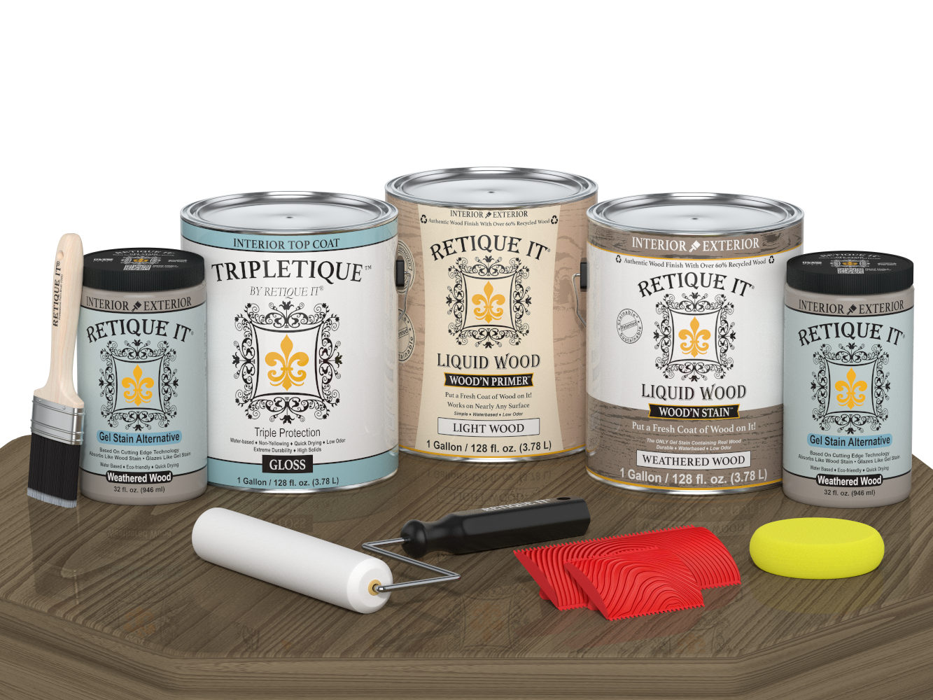 Retique It® Wood'n Cabinet Kit with 48 weathered wood grain stained cabinet doors, glossy finish, displayed on a table.