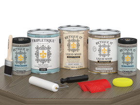 Retique It® Wood'n Finish Kit with four weathered wood interior top coats, satin finish on a wooden table.