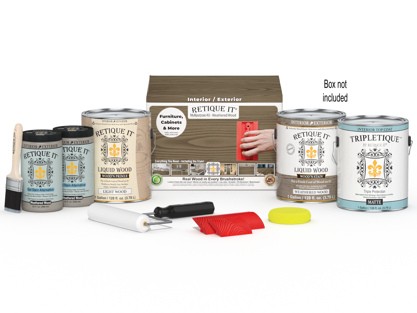 Retique It® Wood'n Finish Kit with four weathered wood interior top coats, shown in a box for multi-purpose wood finishing.