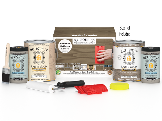 Retique It Weathered Wood Multi-purpose Wood'n Finish Kit with four large weathered wood finish bottles in a box.